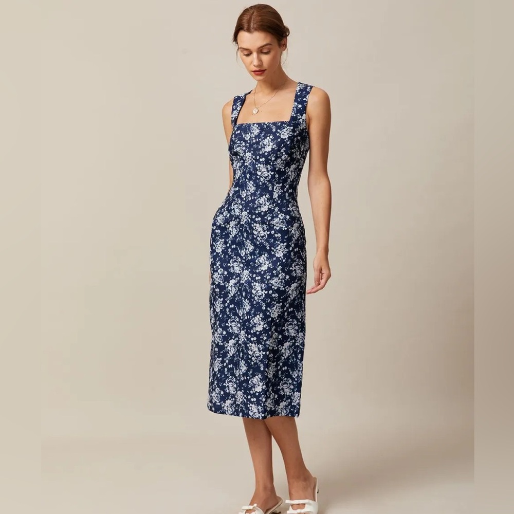 RIHOAS- The Navy Square Neck Floral Midi Dress size XS NWT